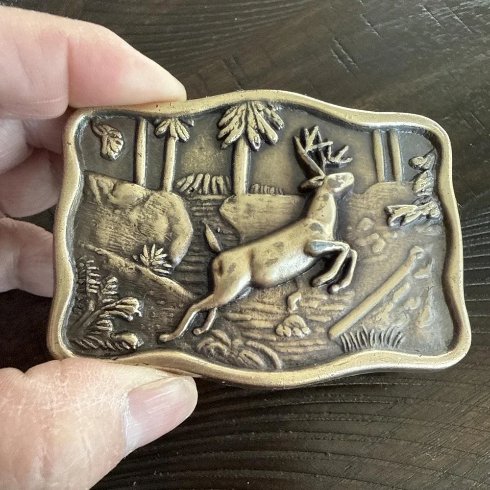 Vtg Buck Deer Stag Wildlife Hunting Hunter Sportsman Solid Brass Belt Buckle